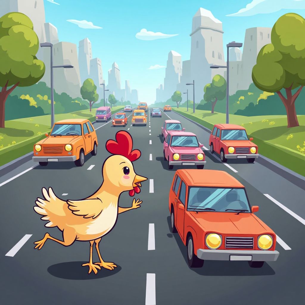 Gameplay screenshot of chicken crossing busy road